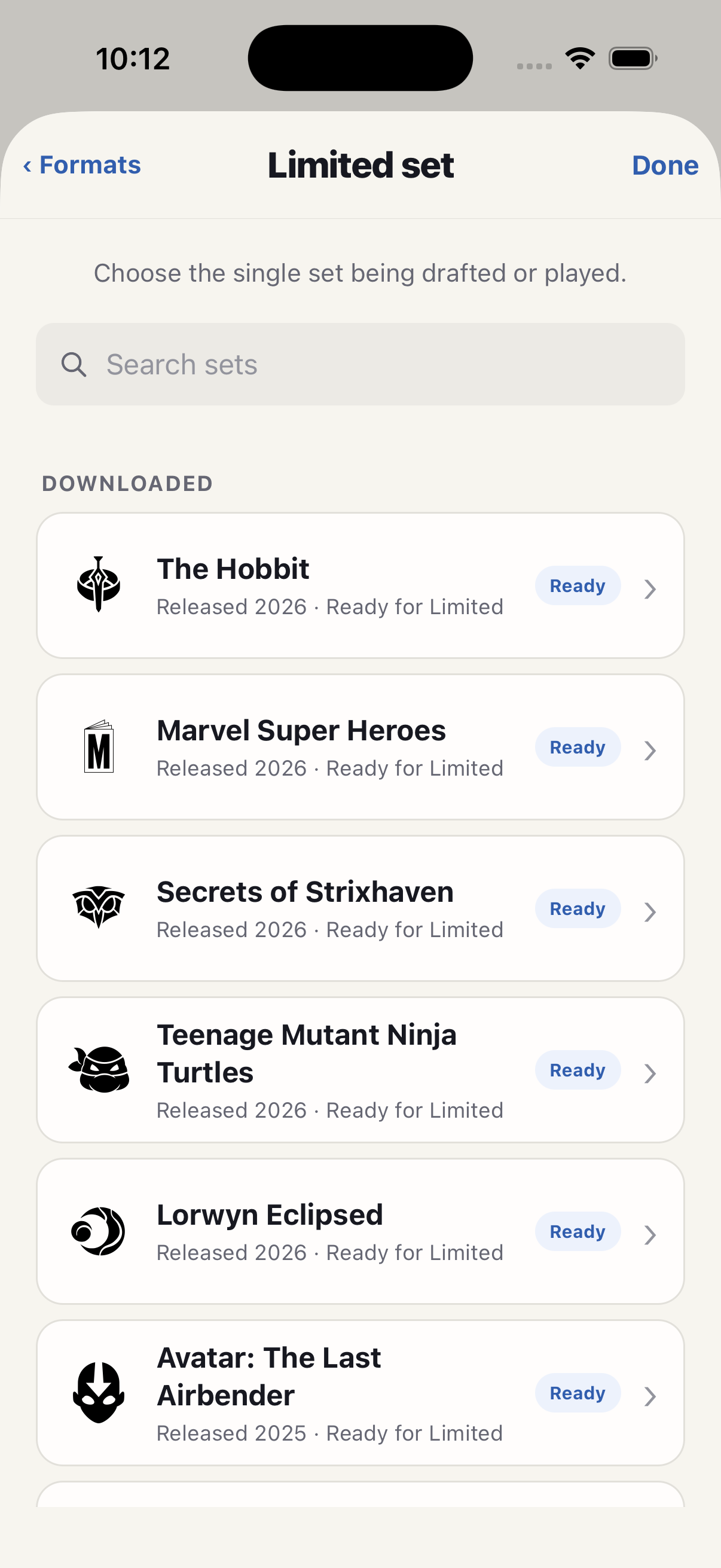 Foretell MTG Limited set picker showing downloaded sets ready for Draft or Sealed